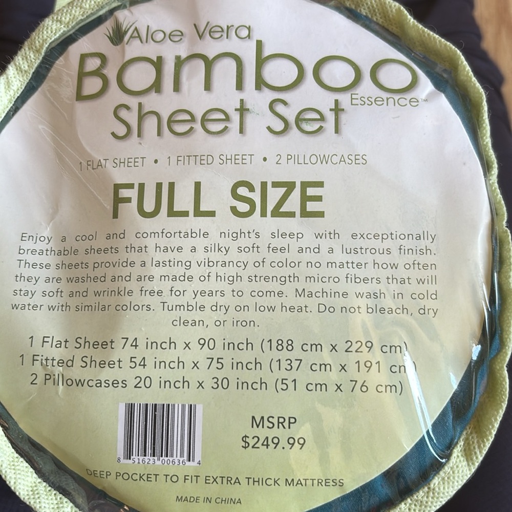 Bamboo Sheet Set - blue/green color. New in package.  FULL SIZE. MSRP $250